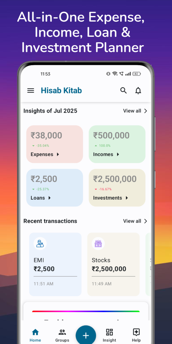 Hisab Kitab home screen with expenses, income, investments and loans