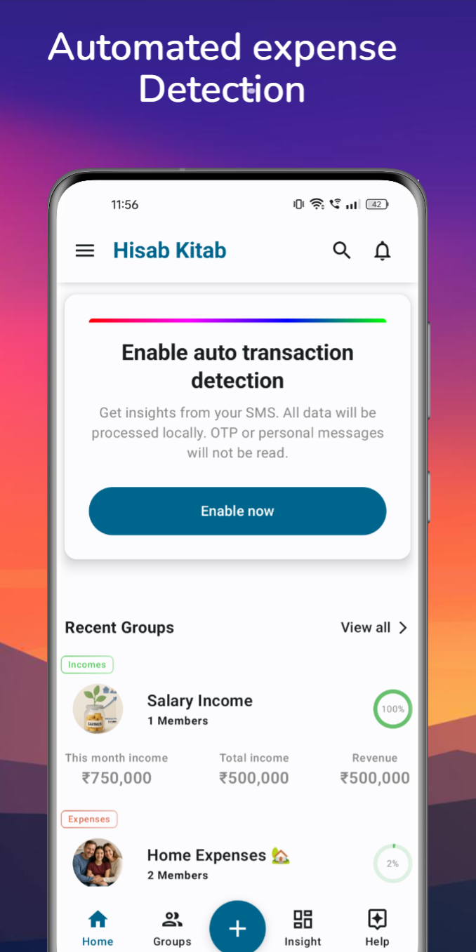Hisab Kitab screen explaining optional SMS transaction detection