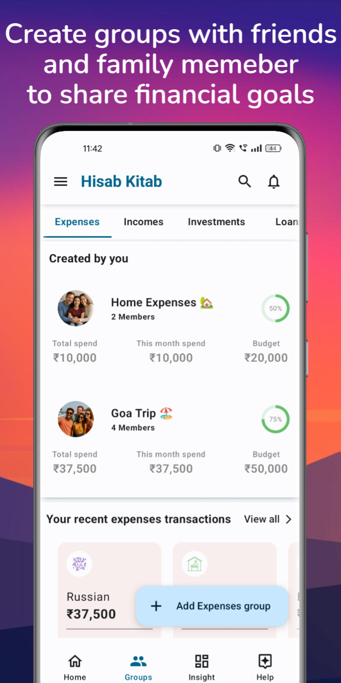 Hisab Kitab groups screen showing a Goa Trip group